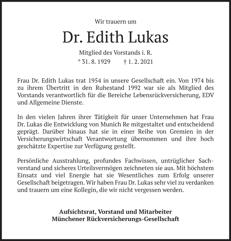  Traueranzeige für Edith Lukas vom 13.02.2021 aus merkurtz