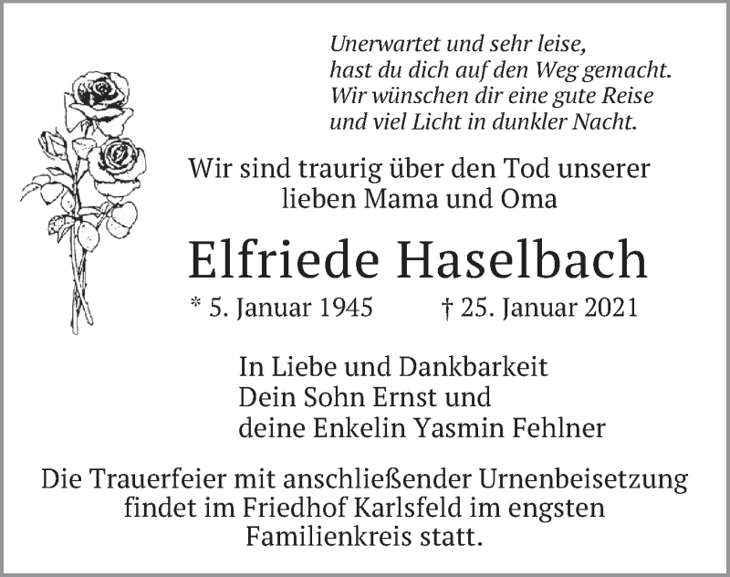  Traueranzeige für Elfriede Haselbach vom 06.02.2021 aus merkurtz