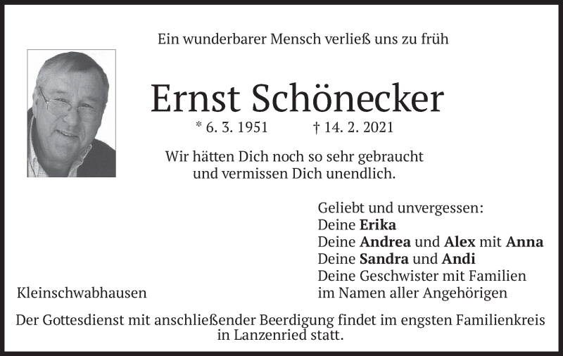 Traueranzeige für Ernst Schönecker vom 17.02.2021 aus merkurtz