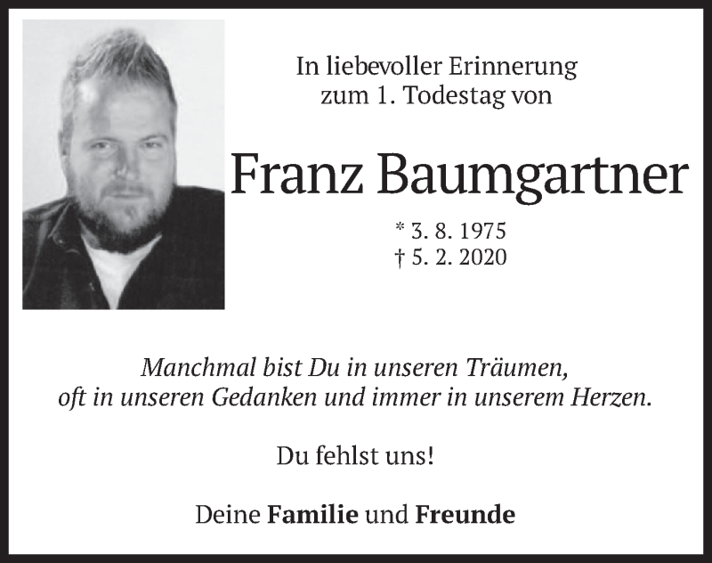  Traueranzeige für Franz  Baumgartner vom 05.02.2021 aus merkurtz