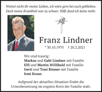 Traueranzeige von Franz Lindner von merkurtz