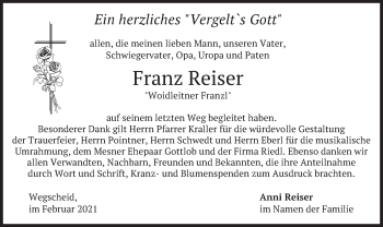 Traueranzeige von Franz Reiser von merkurtz