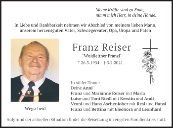 Traueranzeige von Franz Reiser von merkurtz