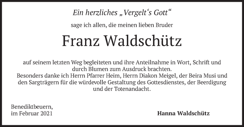  Traueranzeige für Franz Waldschütz vom 02.02.2021 aus merkurtz