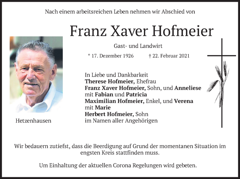  Traueranzeige für Franz Xaver Hofmeier vom 24.02.2021 aus merkurtz