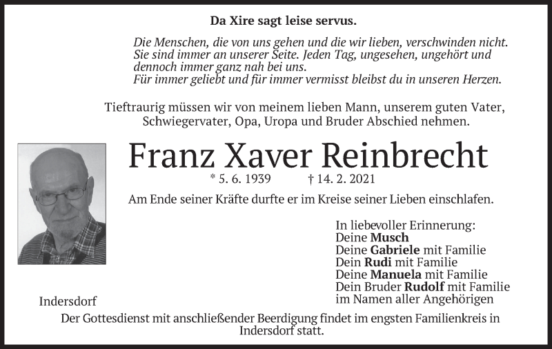  Traueranzeige für Franz Xaver Reinbrecht vom 17.02.2021 aus merkurtz