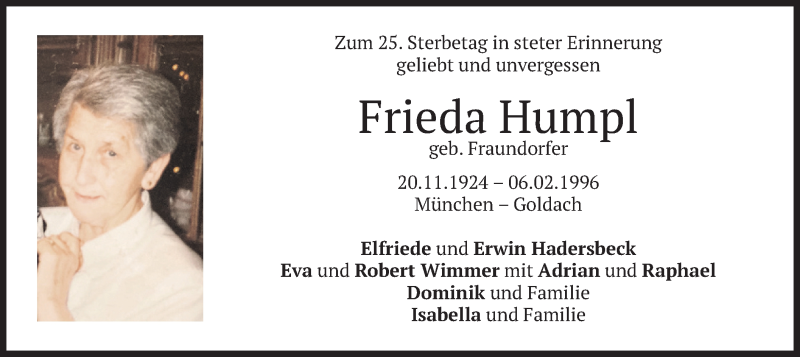  Traueranzeige für Frieda Humpl vom 06.02.2021 aus merkurtz