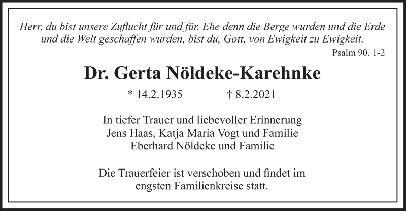  Traueranzeige für Gerta Nöldeke-Karehnke vom 13.02.2021 aus merkurtz