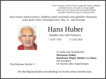 Traueranzeige von Hans Huber von merkurtz