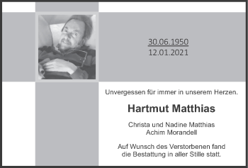 Traueranzeige von Hartmut Matthias