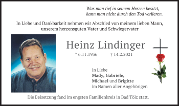 Traueranzeige von Heinz Lindinger von merkurtz