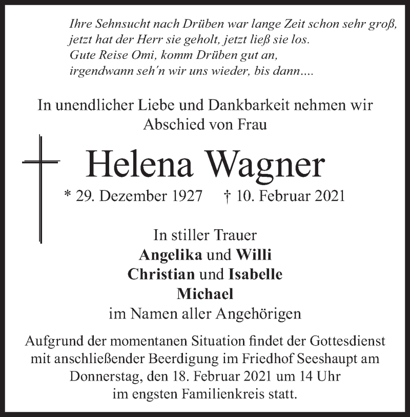 Traueranzeigen von Helena Wagner | trauer.merkur.de