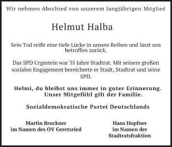 Traueranzeige von Helmut Halba von merkurtz