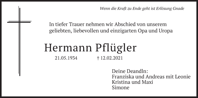  Traueranzeige für Hermann Pflügler vom 19.02.2021 aus merkurtz