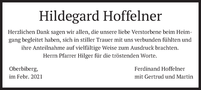  Traueranzeige für Hildegard Hoffelner vom 27.02.2021 aus merkurtz