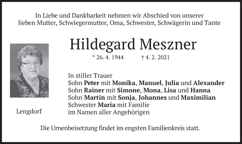  Traueranzeige für Hildegard Meszner vom 09.02.2021 aus merkurtz