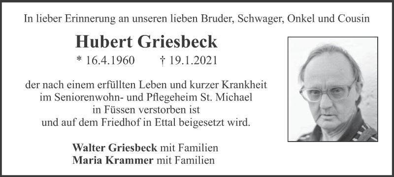  Traueranzeige für Hubert Griesbeck vom 20.02.2021 aus merkurtz