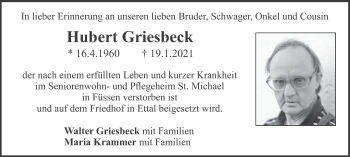 Traueranzeige von Hubert Griesbeck