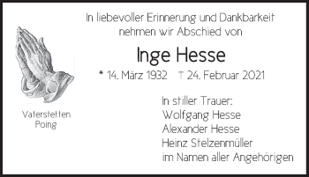 Traueranzeige von Inge Hesse von merkurtz