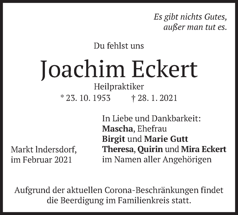 Traueranzeige für Joachim Eckert vom 01.02.2021 aus merkurtz