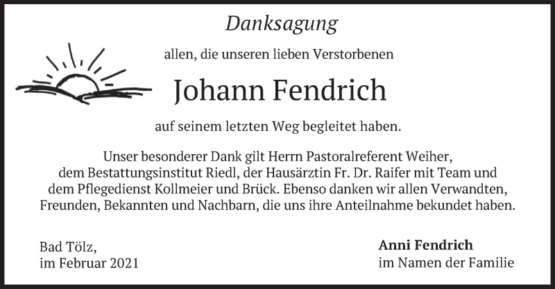  Traueranzeige für Johann Fendrich vom 20.02.2021 aus merkurtz
