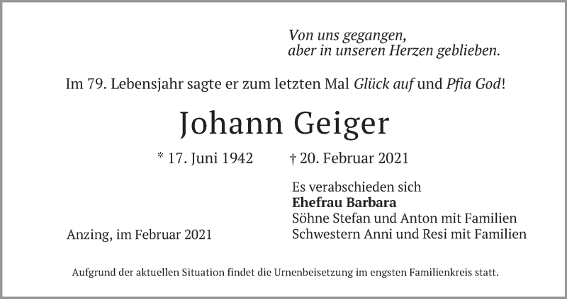  Traueranzeige für Johann Geiger vom 27.02.2021 aus merkurtz