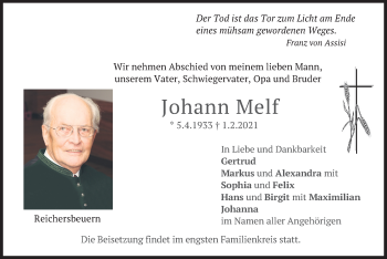 Traueranzeige von Johann Melf von merkurtz