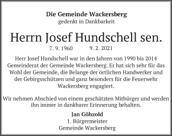 Traueranzeige von Josef Hundschell von merkurtz