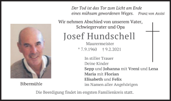 Traueranzeige von Josef Hundschell von merkurtz