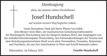 Traueranzeige von Josef Hundschell von merkurtz