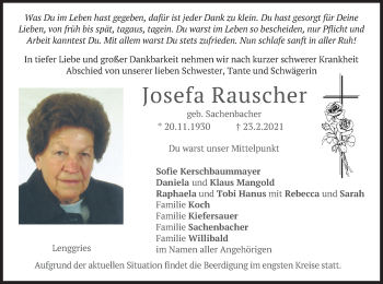 Traueranzeige von Josefa Rauscher von merkurtz