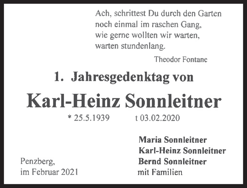  Traueranzeige für Karl-Heinz Sonnleitner vom 05.02.2021 aus Das Gelbe Blatt Penzberg