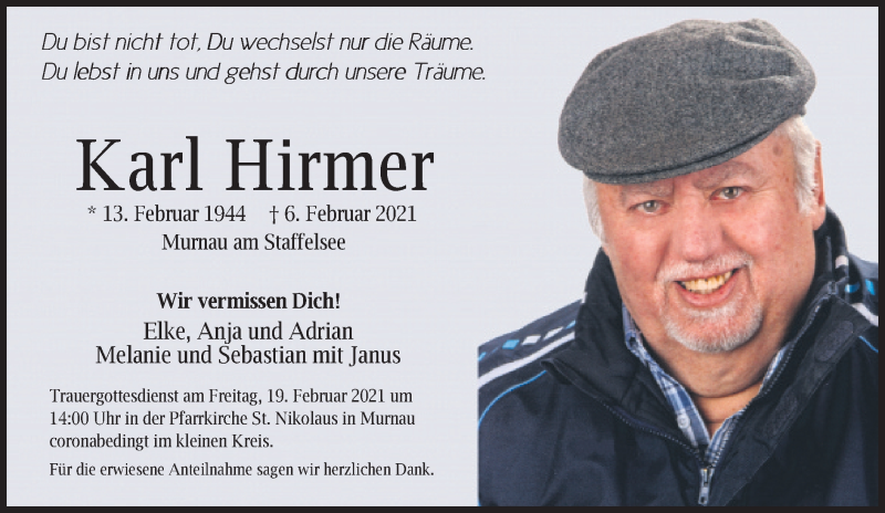  Traueranzeige für Karl Hirmer vom 10.02.2021 aus merkurtz