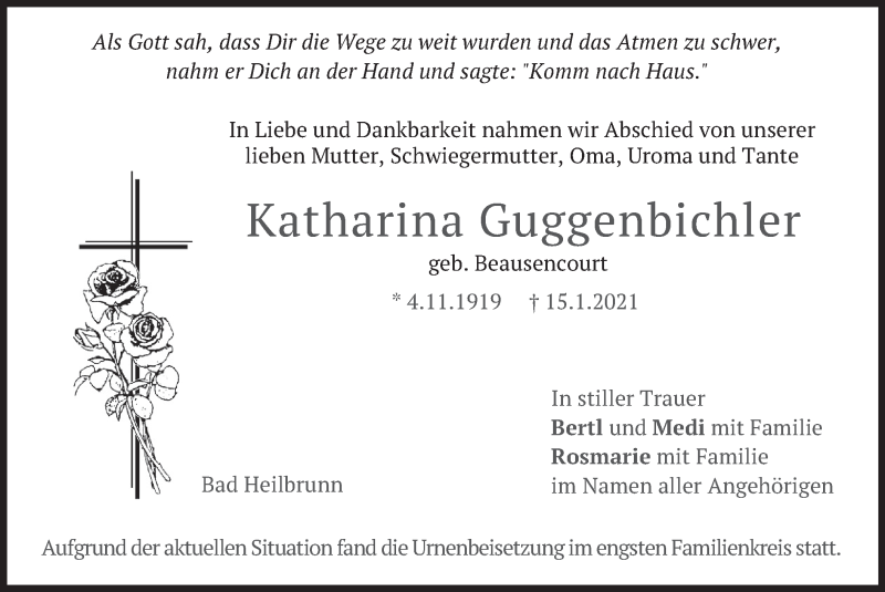  Traueranzeige für Katharina Guggenbichler vom 10.02.2021 aus merkurtz