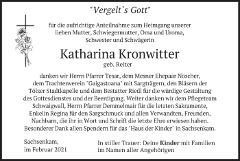 Traueranzeige von Katharina Kronwitter von merkurtz