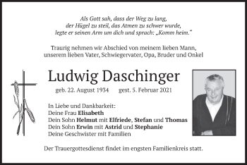 Traueranzeige von Ludwig Daschinger von merkurtz