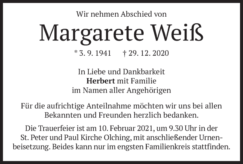  Traueranzeige für Margarete Weiß vom 06.02.2021 aus merkurtz