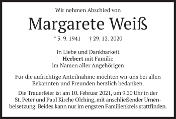 Traueranzeige von Margarete Weiß von merkurtz