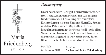 Traueranzeige von Maria Friedenberg von merkurtz