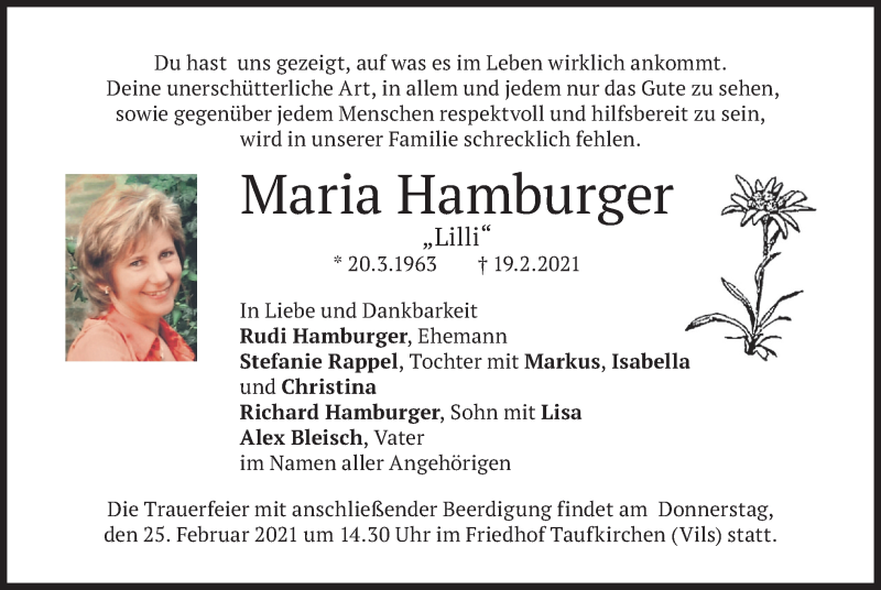  Traueranzeige für Maria Hamburger vom 24.02.2021 aus merkurtz