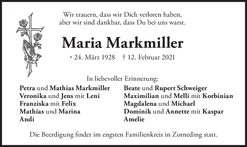 Traueranzeige für Maria Markmiller vom 16.02.2021 aus merkurtz