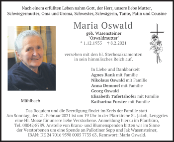 Traueranzeige von Maria Oswald von merkurtz