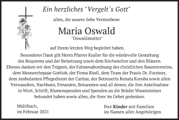 Traueranzeige von Maria Oswald von merkurtz