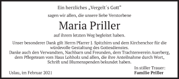 Traueranzeige von Maria Priller von merkurtz