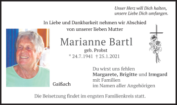 Traueranzeige von Marianne Bartl von merkurtz
