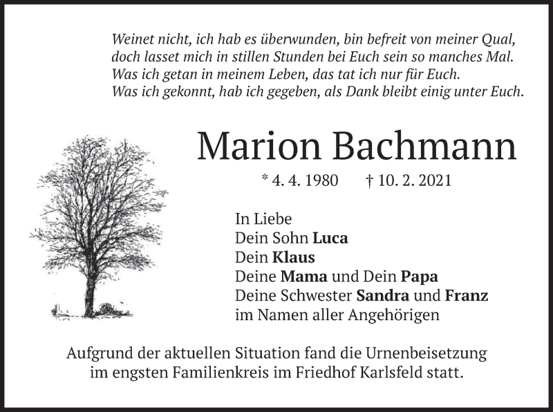  Traueranzeige für Marion Bachmann vom 27.02.2021 aus merkurtz