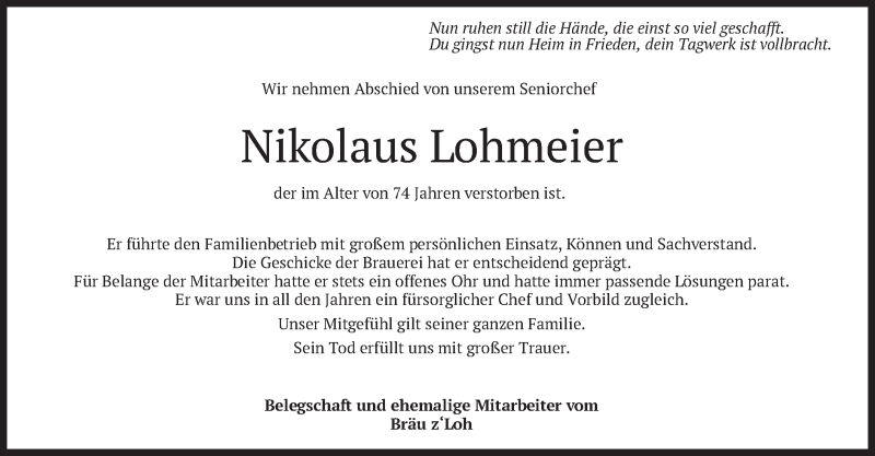  Traueranzeige für Nikolaus Lohmeier vom 17.02.2021 aus merkurtz