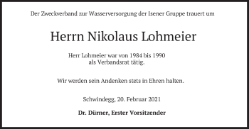 Traueranzeige von Nikolaus Lohmeier von merkurtz
