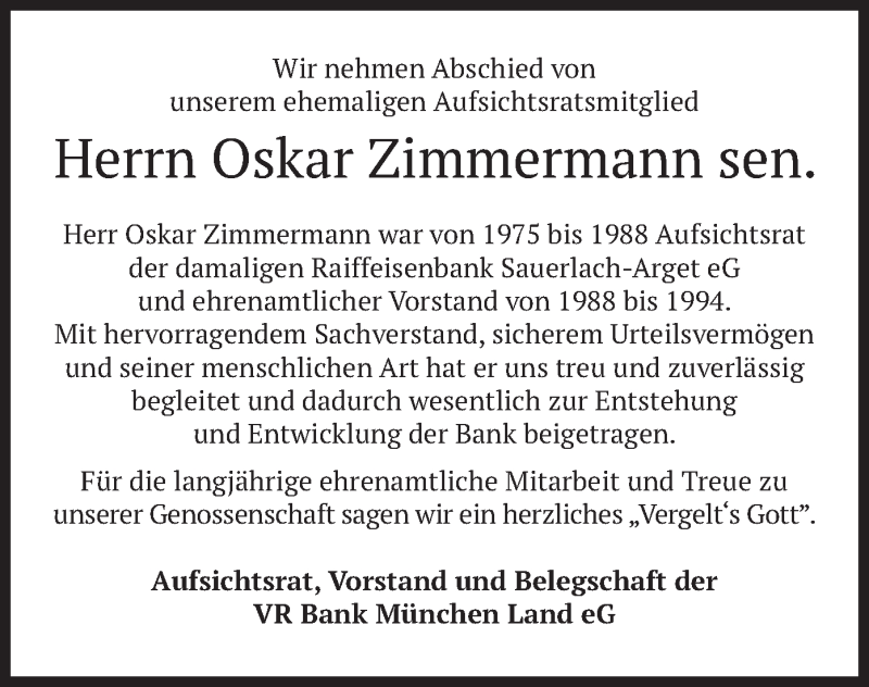  Traueranzeige für Oskar Zimmermann vom 12.02.2021 aus merkurtz