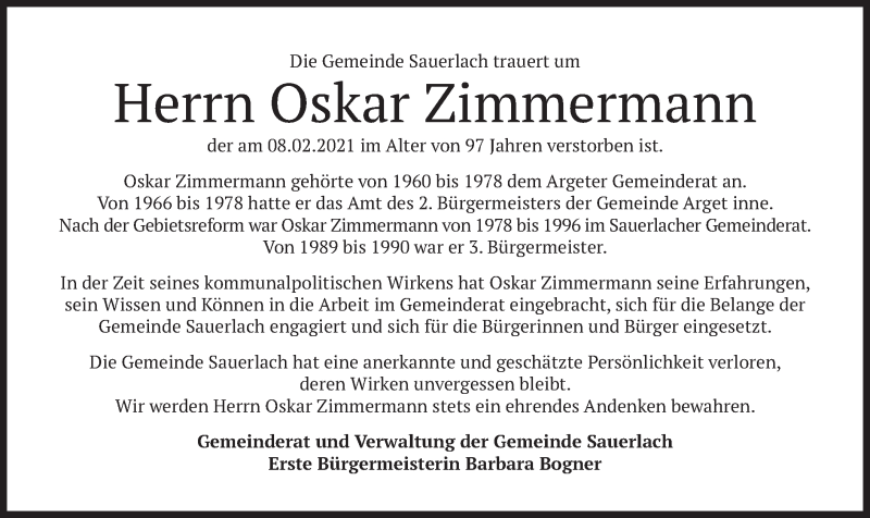  Traueranzeige für Oskar Zimmermann vom 13.02.2021 aus merkurtz